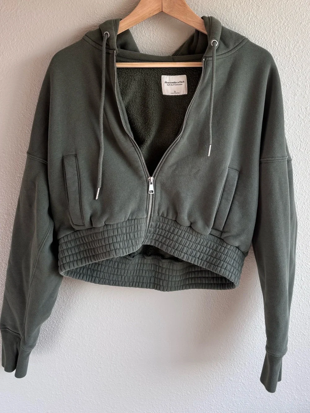 Abercrombie & Fitch Cropped Zip Hoodie in Olive Green - Picture 1 of 6